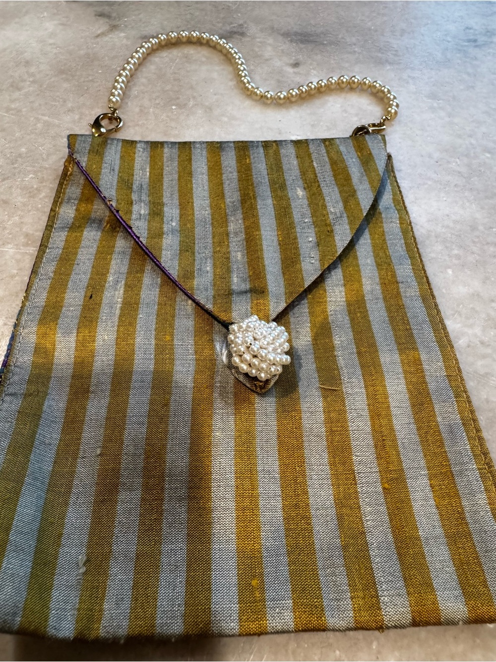 Striped Satin Envelope Clutch with Pearl Chain